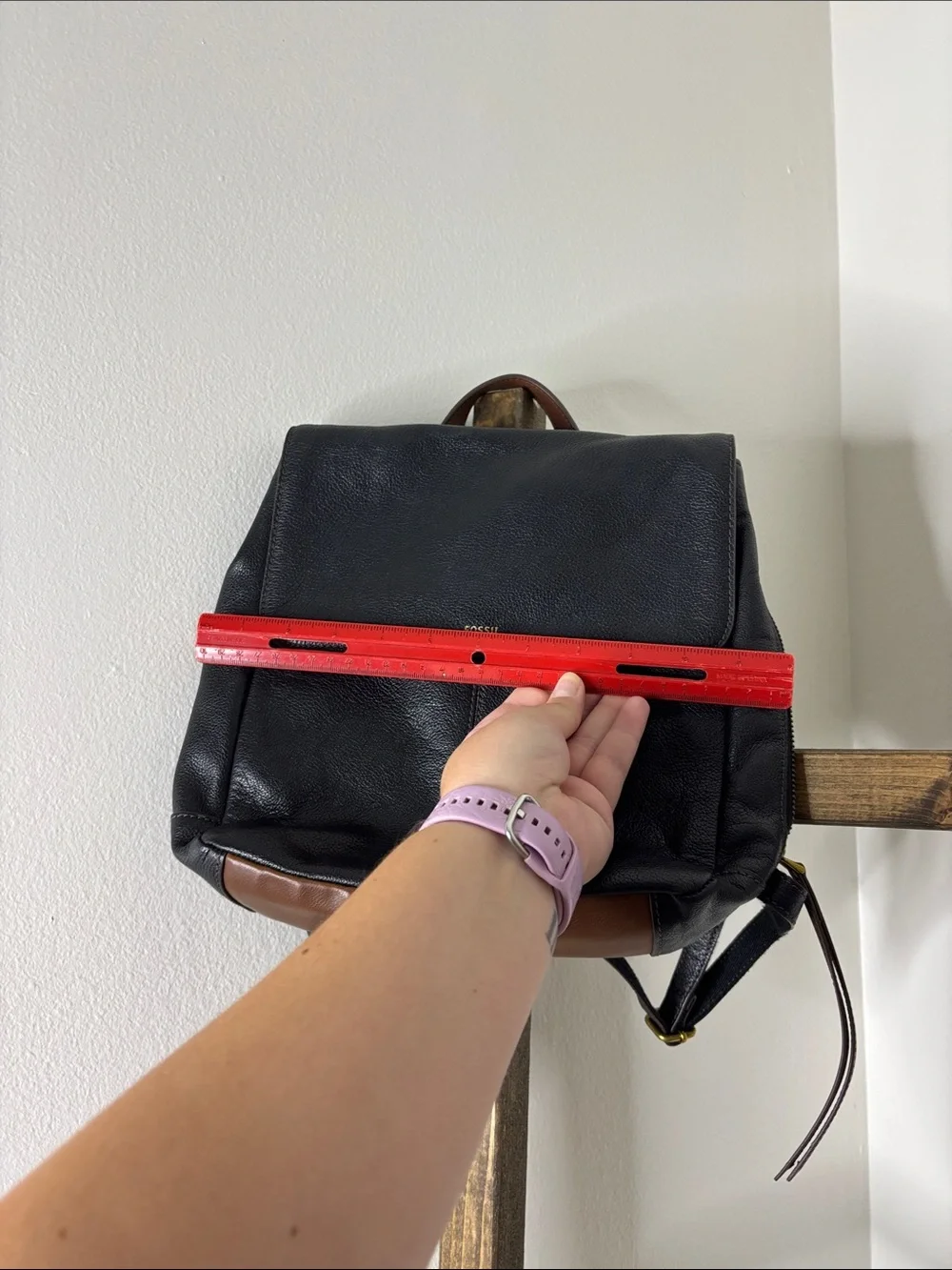 Fossil Black Leather Backpack and Wallet Set with Brown Accent